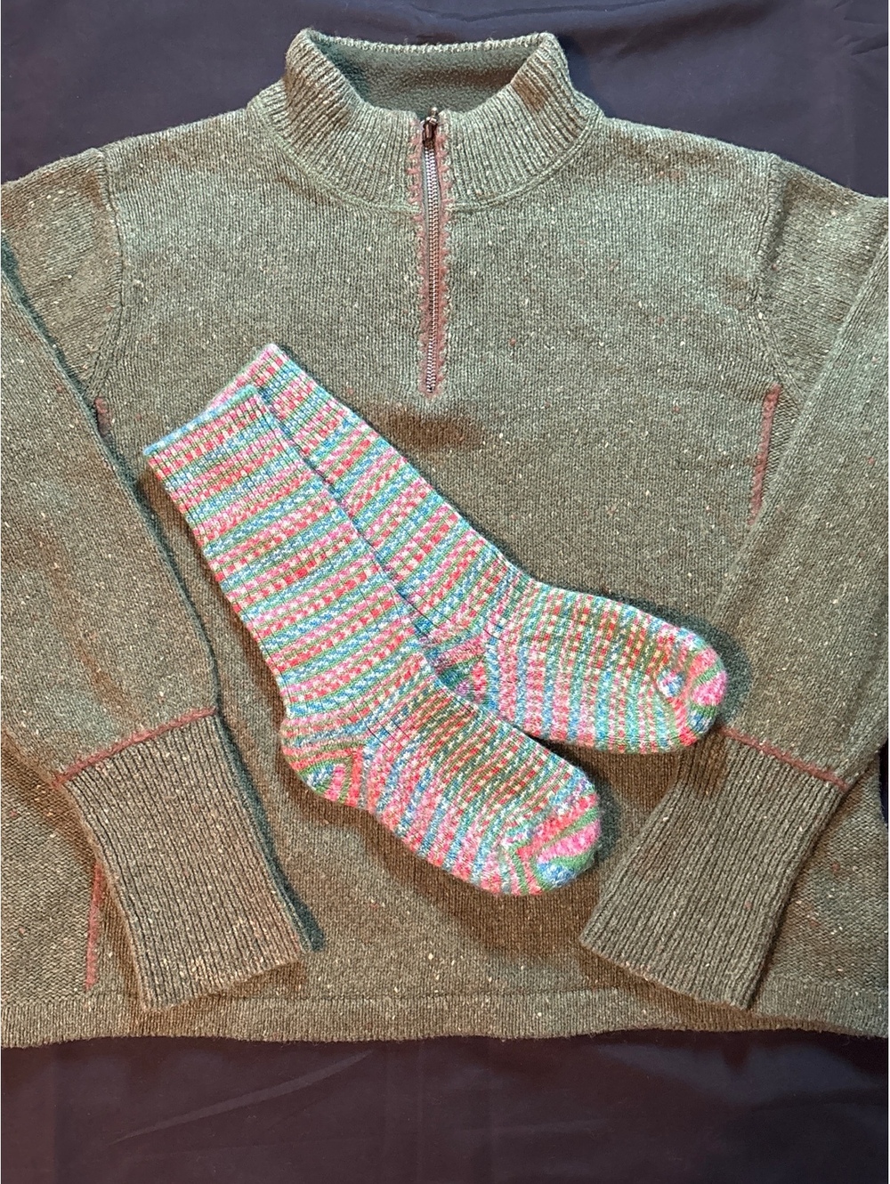 Vintage Woolrich Women L Moss Heather Wool Blend Quarter Zip Free Wool Socks
